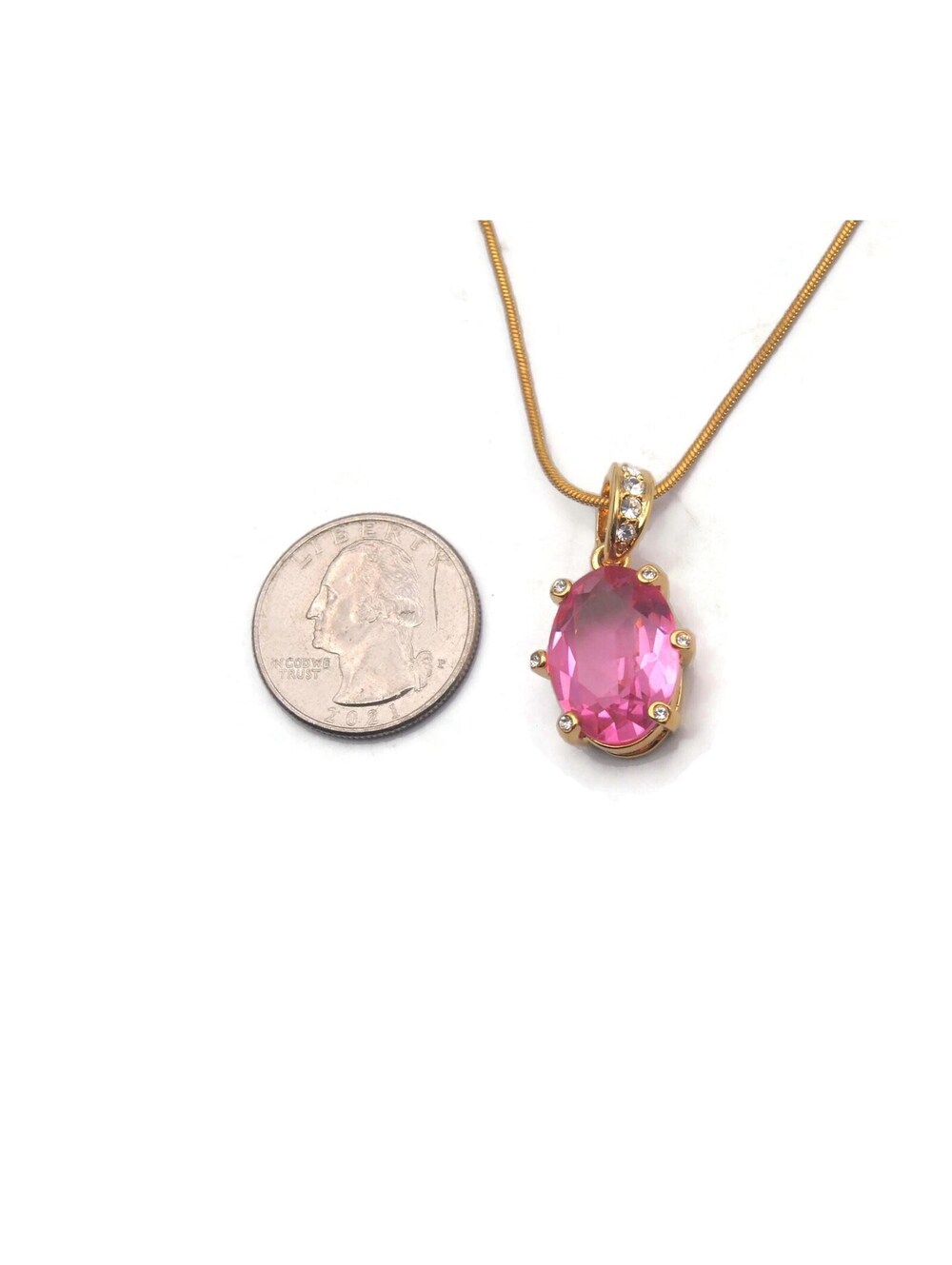 VTG Gold Tone, Pink Acrylic & Clear Stones Faceted Pendant Necklace, 18" Chain. - Picture 5 of 5